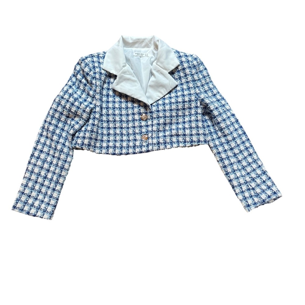 SHEIN Tweed Cropped Blazer Kids Blue White Excellent Plaid Button Up SIZE 8-9Y